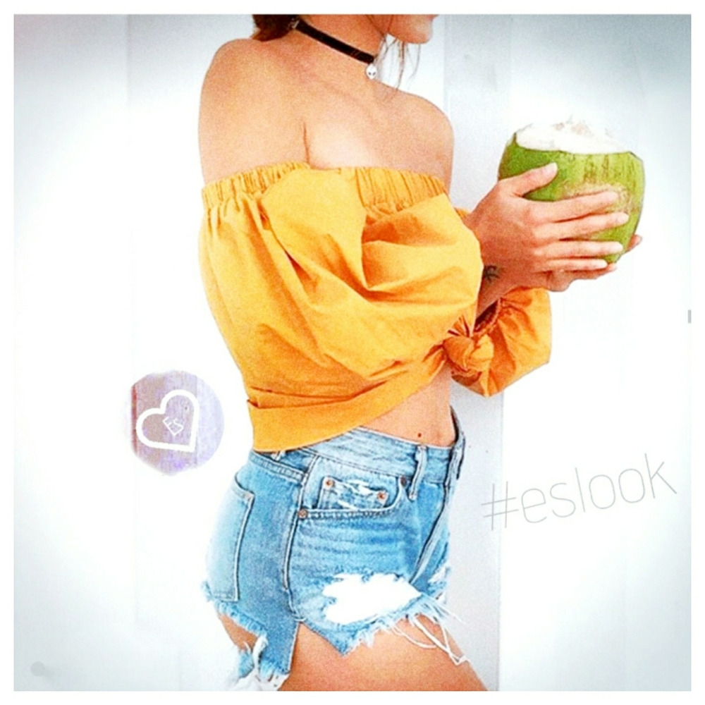 iris Mustard Off-Shoulder Tie-Front Crop Top